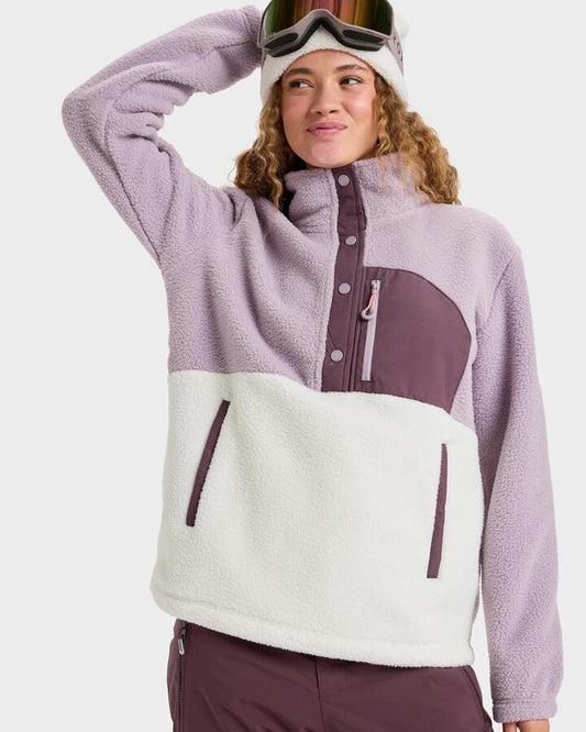 Image of a model wearing Outerwear. Productname: Roxy Womens Alabama Mock Neck Half Zip Fleece Jumper Nirvana - in Nirvana colour by brand - Roxy