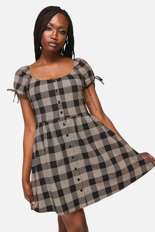 Image of a model wearing Dress. Productname: Crypt Check Babydoll Dress in Black/Beige colour by brand - Black Friday