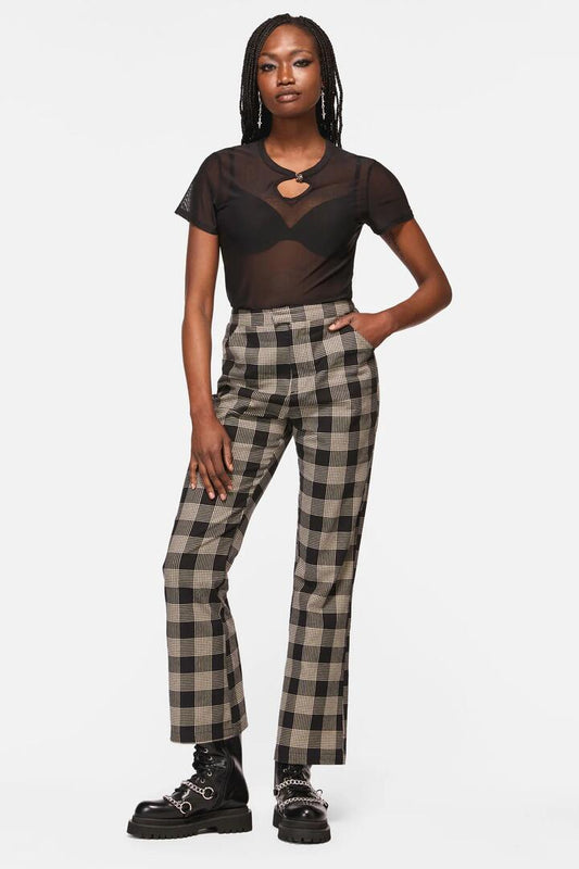 Image of a model wearing Pants. Productname: Crypt Check Straight Flare Fit Pant in Black/Beige colour by brand - Black Friday