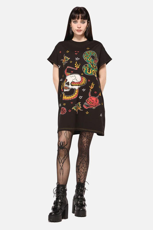 Image of a model wearing Dress. Productname: Lawless Oversized Tee Dress in Black colour by brand - Dangerfield