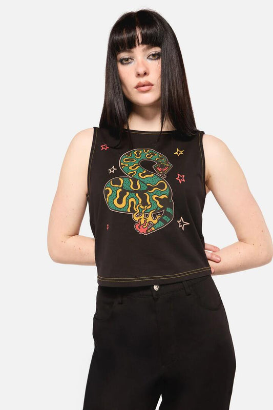 Image of a model wearing Tops. Productname: Danger Logo Tank in Black colour by brand - Dangerfield