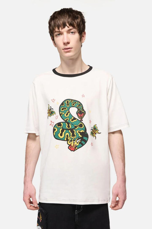 Image of a model wearing Tops. Productname: Lawless Print Tee in White colour by brand - Dangerfield