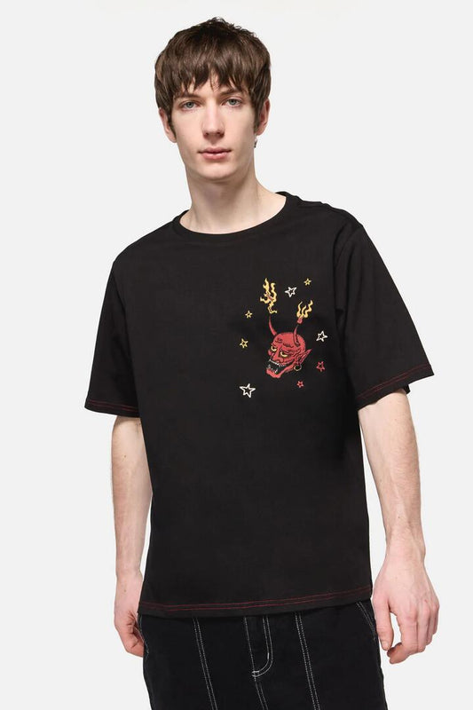 Image of a model wearing Tops. Productname: Lawless Grim Placement Tee in Black colour by brand - Dangerfield