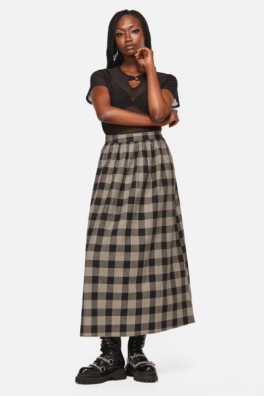 Image of a model wearing Skirts. Productname: Crypt Check Maxi Skirt in Black/Beige colour by brand - Black Friday