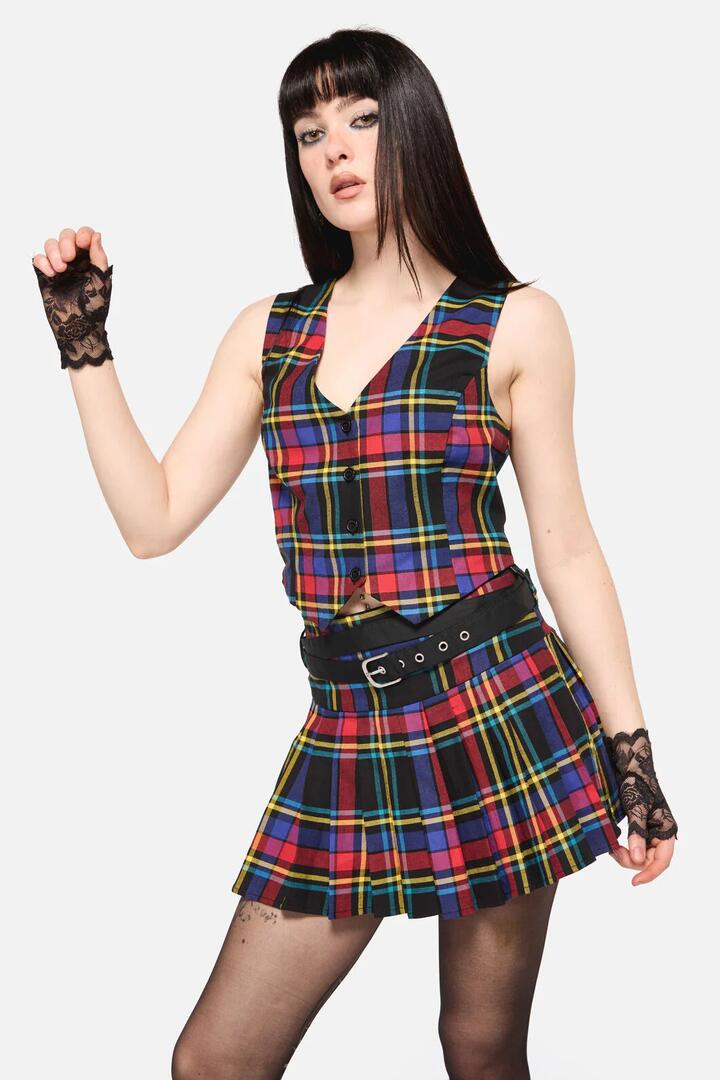 Image of a model wearing Tops. Productname: Anarchic Tartan Vest in Multi colour by brand - Dangerfield