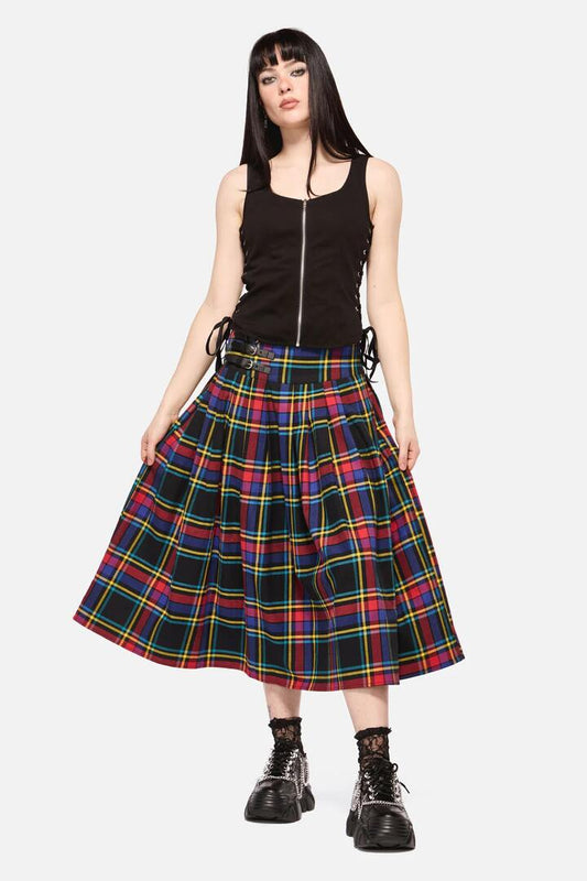 Image of a model wearing Skirts. Productname: Anarchic Tartan Midi Skirt in Multi colour by brand - Dangerfield