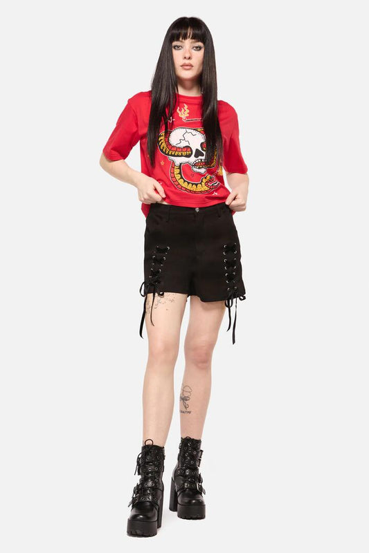 Image of a model wearing Shorts. Productname: All Tied Up Punk Short in Black colour by brand - Dangerfield