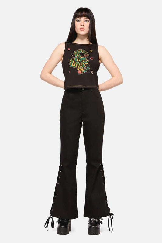 Image of a model wearing Pants. Productname: All Tied Up Punk Pant in Black colour by brand - Dangerfield