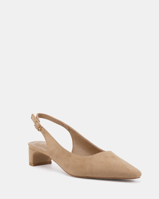 Image of Footwear. Productname: Isrees: Biscoff Suede - Women's Court - Low Heel in Biscoff Suede colour by brand - Novo