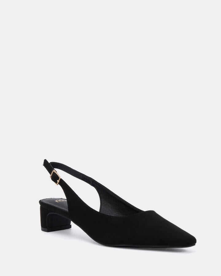 Image of Heels. Product name - Isrees Black Suede Low Heels in Black colour by brand - Novo
