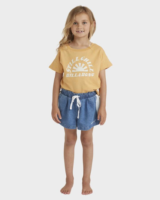 Image of a model wearing Shorts. Product name - Billabong Girls 0-5 Skies Olly Walkshorts Salt Washed in Salt Washed colour by brand - Billabong
