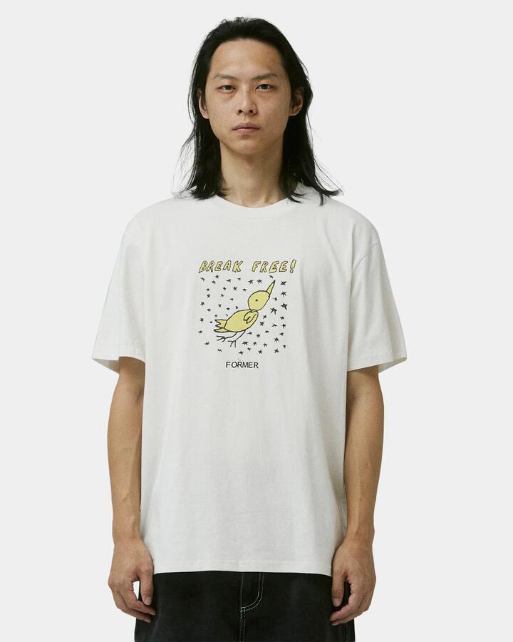 Image of a model wearing Tops. Productname: Former Mens Break Free T-Shirt White - in White colour by brand - Former