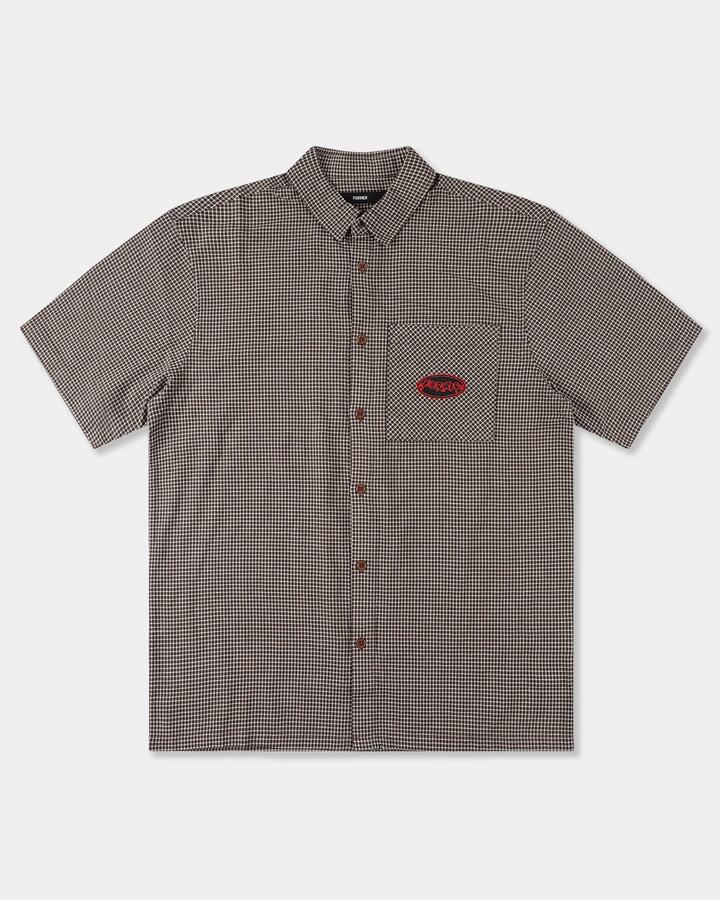 Image of a model wearing Tops. Productname: Former Mens Vivian Flatline Short Sleeve Shirt Brown - in Brown colour by brand - Former