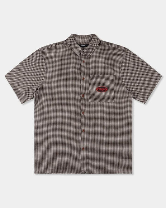 Image of a model wearing Tops. Productname: Former Mens Vivian Flatline Short Sleeve Shirt Brown - in Brown colour by brand - Former