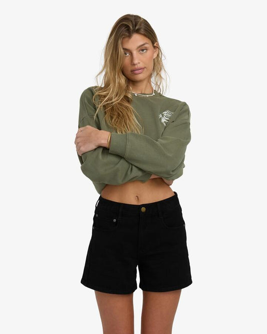 Image of a model wearing Shorts. Productname: Billabong Womens Shifter Denim Shorts Black - in Black colour by brand - Billabong
