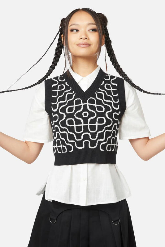 Image of a model wearing Tops. Productname: Soundwave Cropped Knit in Black colour by brand - Black Friday