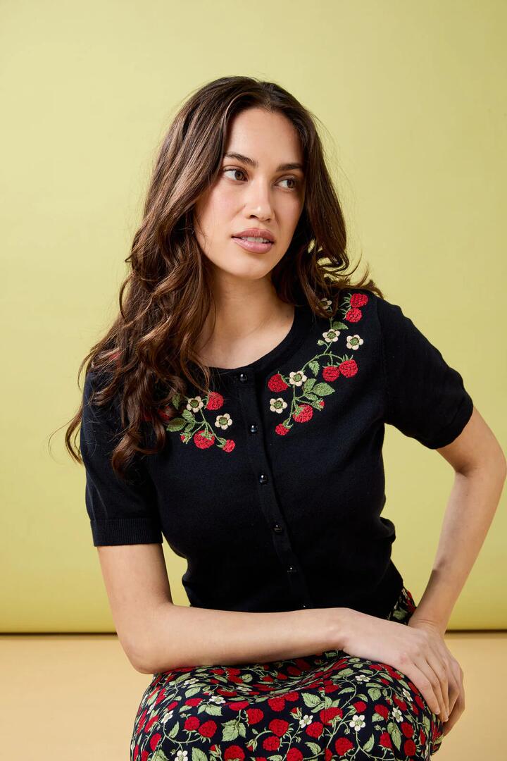 Image of a model wearing Outerwear. Productname: Raspberry Embroidered Cardigan in Navy colour by brand - Princess Highway
