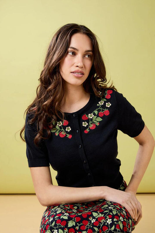 Image of a model wearing Outerwear. Productname: Raspberry Embroidered Cardigan in Navy colour by brand - Princess Highway