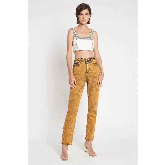 Image of a model wearing Denim. Productname: Roadhouse Blues Jean in MANDARIN colour by brand - sass and bide