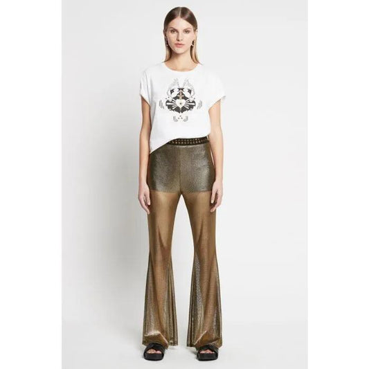 Image of a model wearing Pants. Productname: Forbidden Games Pant in Gold/Black colour by brand - sass and bide