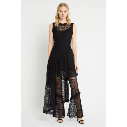 Image of a model wearing Pants. Productname: Spliced Lace Pant in Black colour by brand - sass and bide