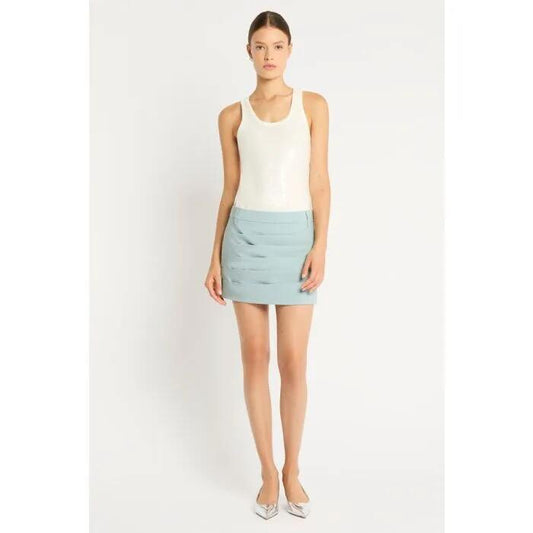 Image of a model wearing Skirts. Productname: Cubanito Mini Skirt in Blue colour by brand - sass and bide