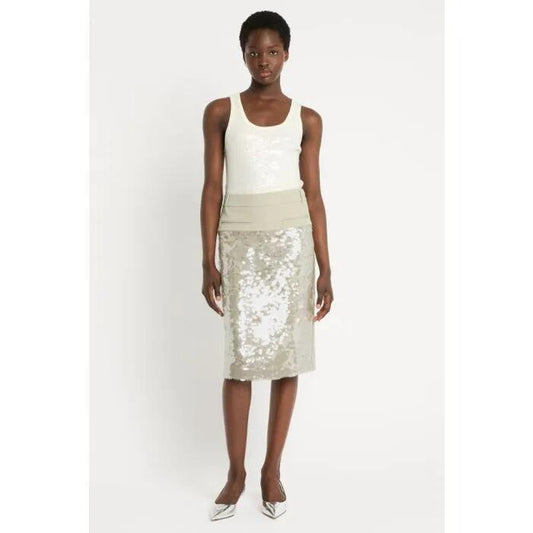 Image of a model wearing Skirts. Productname: Deliria Sequin Midi Skirt in Oyster colour by brand - sass and bide