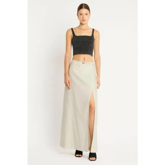 Image of a model wearing Skirts. Productname: Hudson Maxi Skirt in WAX colour by brand - sass and bide