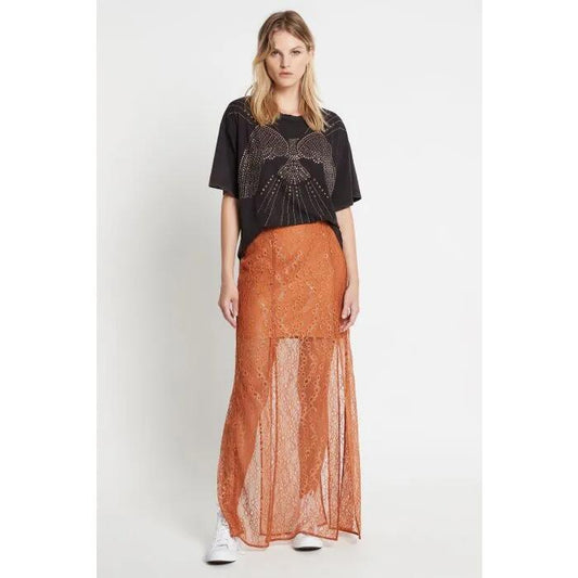 Image of a model wearing Skirts. Productname: Another Night Skirt in Rust colour by brand - sass and bide