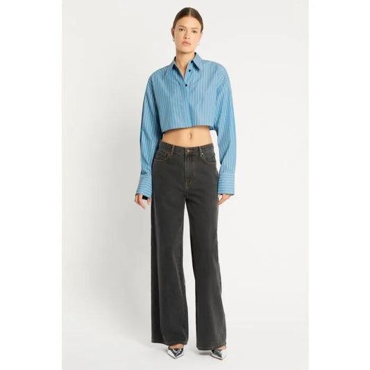 Image of a model wearing Tops. Productname: Percy Oversized Crop Shirt in BLUE STRIPE colour by brand - sass and bide