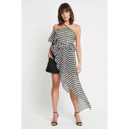 Image of a model wearing Tops. Productname: Black Star Top in HARLEQUIN CHECK colour by brand - sass and bide