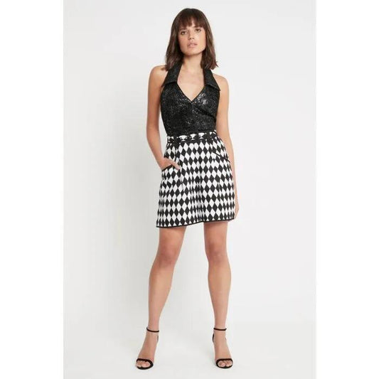 Image of a model wearing Shorts. Productname: Two Hearts Short in HARLEQUIN CHECK colour by brand - sass and bide