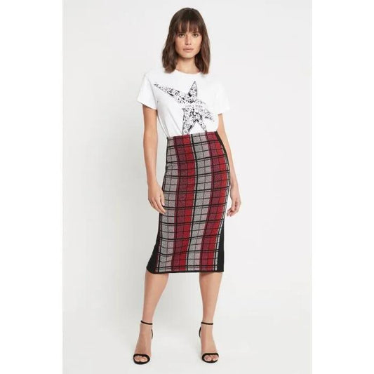 Image of a model wearing Skirts. Productname: Check Mate Knit Pencil Skirt in Red Check colour by brand - sass and bide