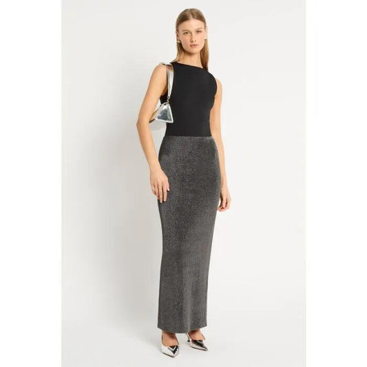 Image of a model wearing Skirts. Productname: Havana Nights Knit Skirt in GUN METAL colour by brand - sass and bide