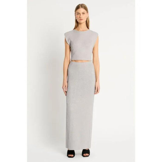 Image of a model wearing Skirts. Productname: Havana Nights Knit Skirt in Silver colour by brand - sass and bide