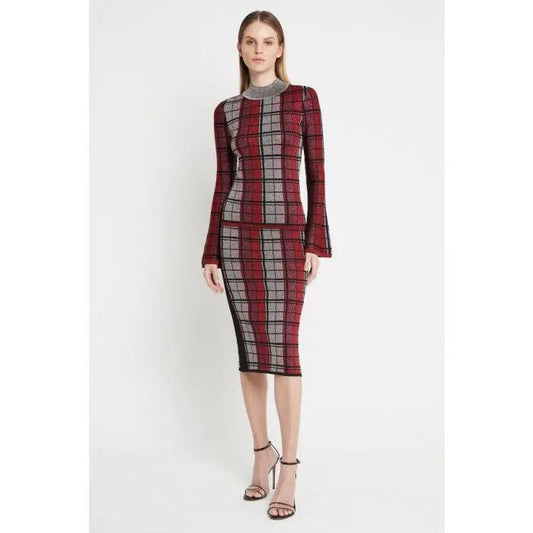 Image of a model wearing Tops. Productname: Check Mate Knit Top in Red Check colour by brand - sass and bide