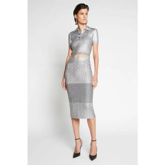 Image of a model wearing Tops. Productname: Wild Eyed Girl Top in HOLLOGRAPHIC FOIL KNIT colour by brand - sass and bide