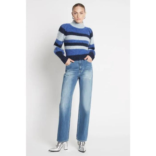 Image of a model wearing Tops. Productname: Wavelength Top in BLUE STRIPE colour by brand - sass and bide