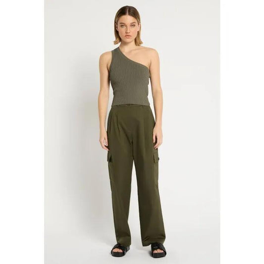 Image of a model wearing Tops. Productname: Love Bubble One Shoulder Knit Top in Khaki colour by brand - sass and bide