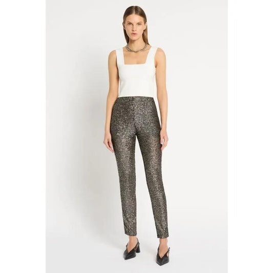 Image of a model wearing Pants. Productname: Lost In Space Sequin Legging in TARNISHED SILVER colour by brand - sass and bide