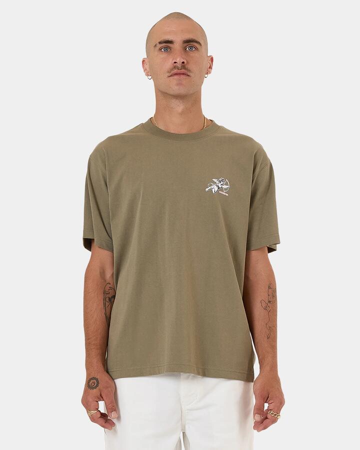 Image of a model wearing Tops. Productname: worship Mens Cherub T-Shirt Green - in Green colour by brand - Worship