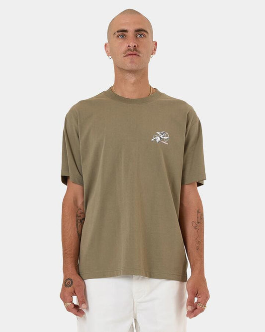 Image of a model wearing Tops. Productname: worship Mens Cherub T-Shirt Green - in Green colour by brand - Worship