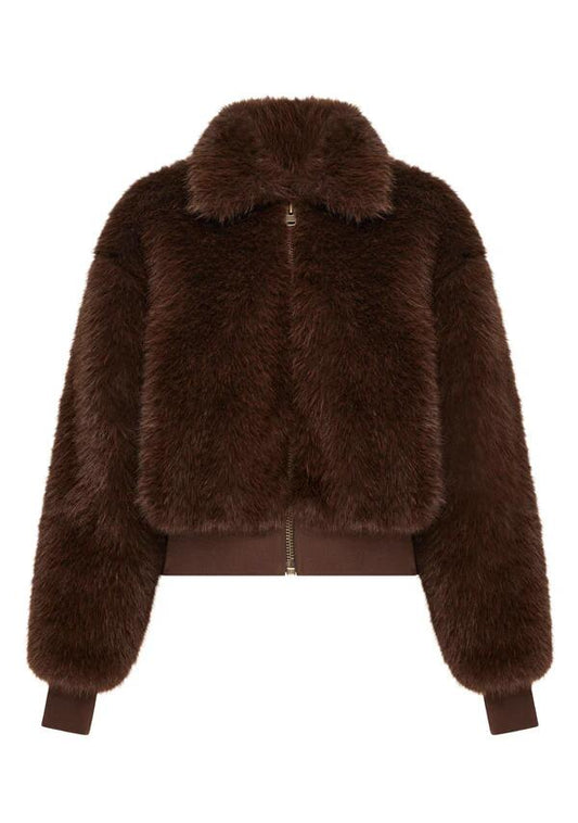 Image of a model wearing Outerwear. Productname: Rowe Bomber Jacket in Mocha colour by brand - MOS The Label