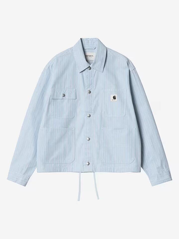 Image of a model wearing Outerwear. Productname: Carhartt Wip Women's Nota Shirt Jacket in Bova Stripe/Bluebird colour by brand - Carhartt Wip