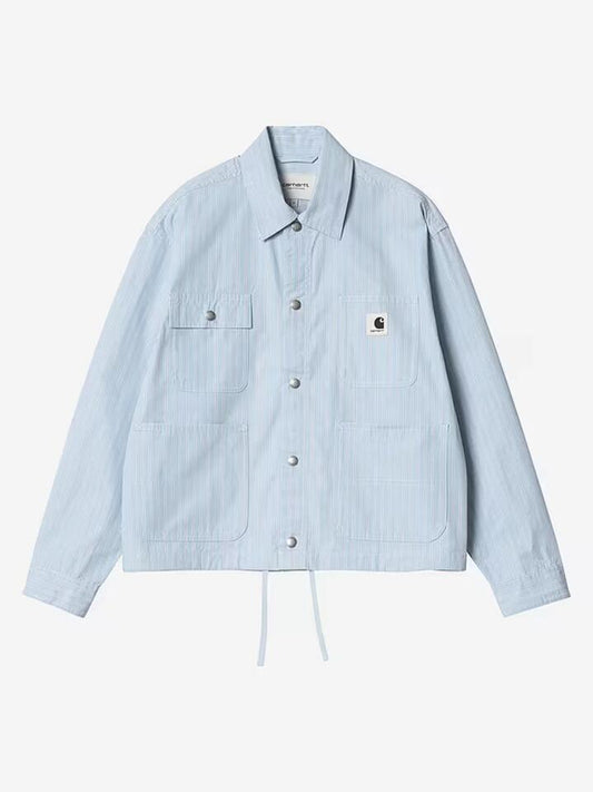Image of a model wearing Outerwear. Productname: Carhartt Wip Women's Nota Shirt Jacket in Bova Stripe/Bluebird colour by brand - Carhartt Wip