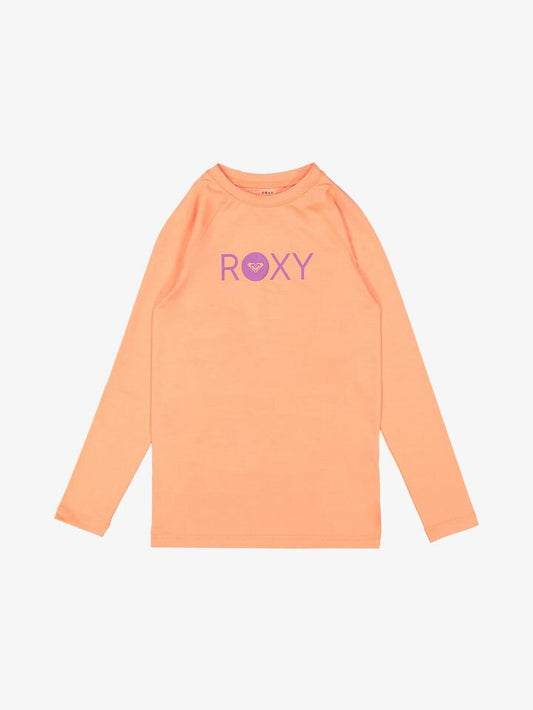 Image of a model wearing Tops. Product name - Roxy Girls 4-16 Essential Lycra Long Sleeve Rash Vest Coral Chic in Coral Chic colour by brand - Roxy