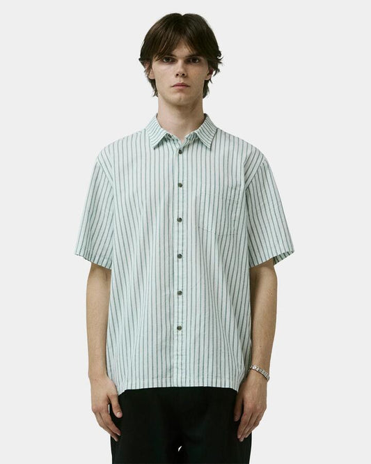 Image of a model wearing Tops. Productname: Former Mens Reynolds Stripe Short Sleeve Shirt White - in White colour by brand - Former