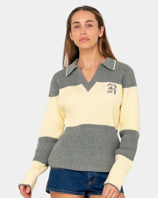 Image of a model wearing Tops. Productname: rusty Womens Try Me Knitted Rugby Long Sleeve Shirt Yellow/Grey/Grey C - in Yellow/Grey/Grey - C colour by brand - Rusty