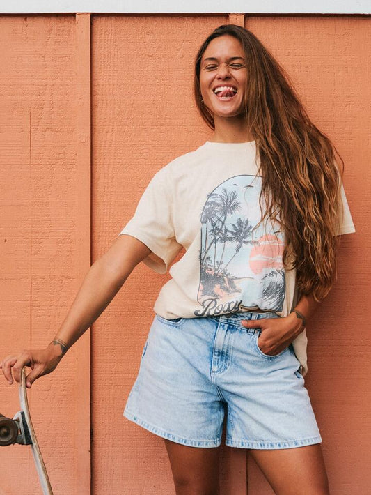 Image of a model wearing Shorts. Productname: Roxy Womens Morning Splend Denim Shorts Beau Blue - in Beau Blue colour by brand - Roxy