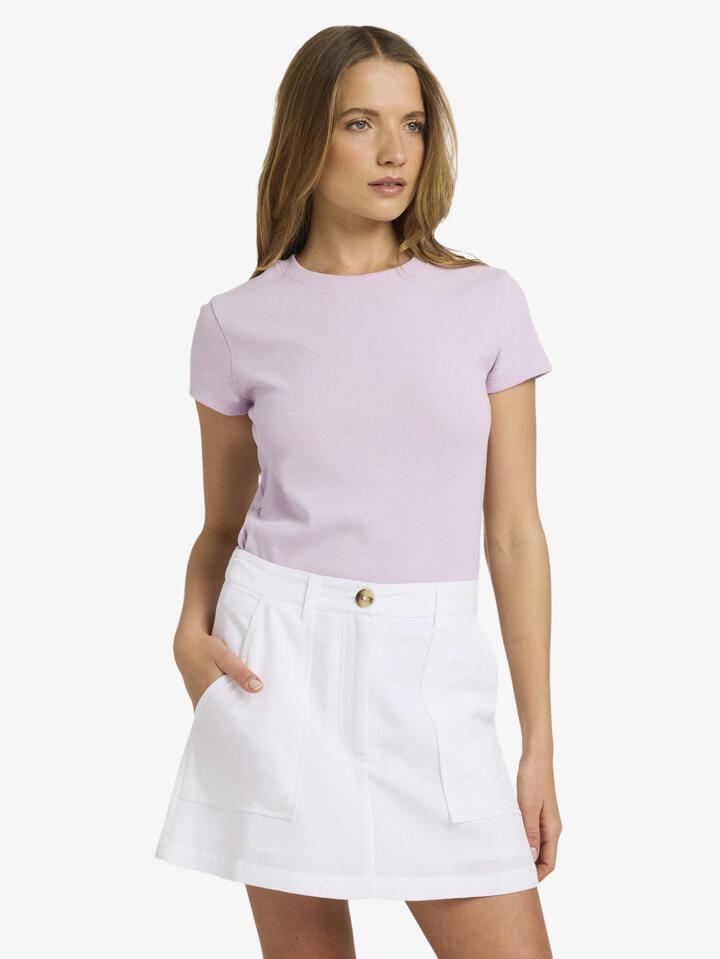 Image of a model wearing Tops. Productname: Roxy Womens Base Rib T-Shirt Violet - in Violet colour by brand - Roxy